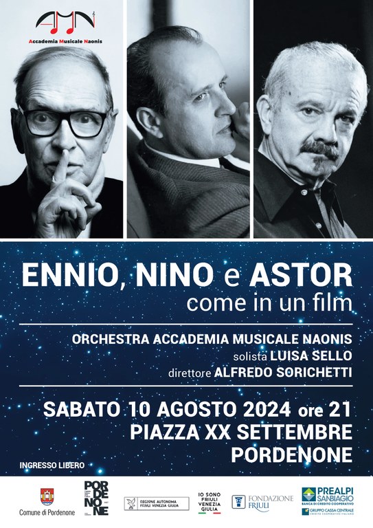 Torna il Concerto di San Lorenzo, con l'Accademia Naonis, su musiche di Ennio Morricone, Nino Rota e Astor Piazzolla. L'orchestra d’archi diretta da Alfredo Sorichetti, con il flauto solista di Luisa Sello, ripercorrerà le celebri melodie dei tre autori “Come in un film”. Ingresso gratuito. #estateApordenone